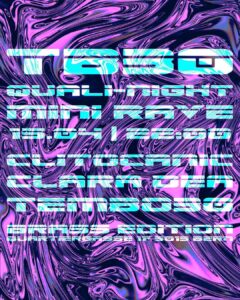 text auf violettem background : tb30 qualinight mini rave 15.4.2023 / 22:00 clitocanic clara dea tembo30 brass edition