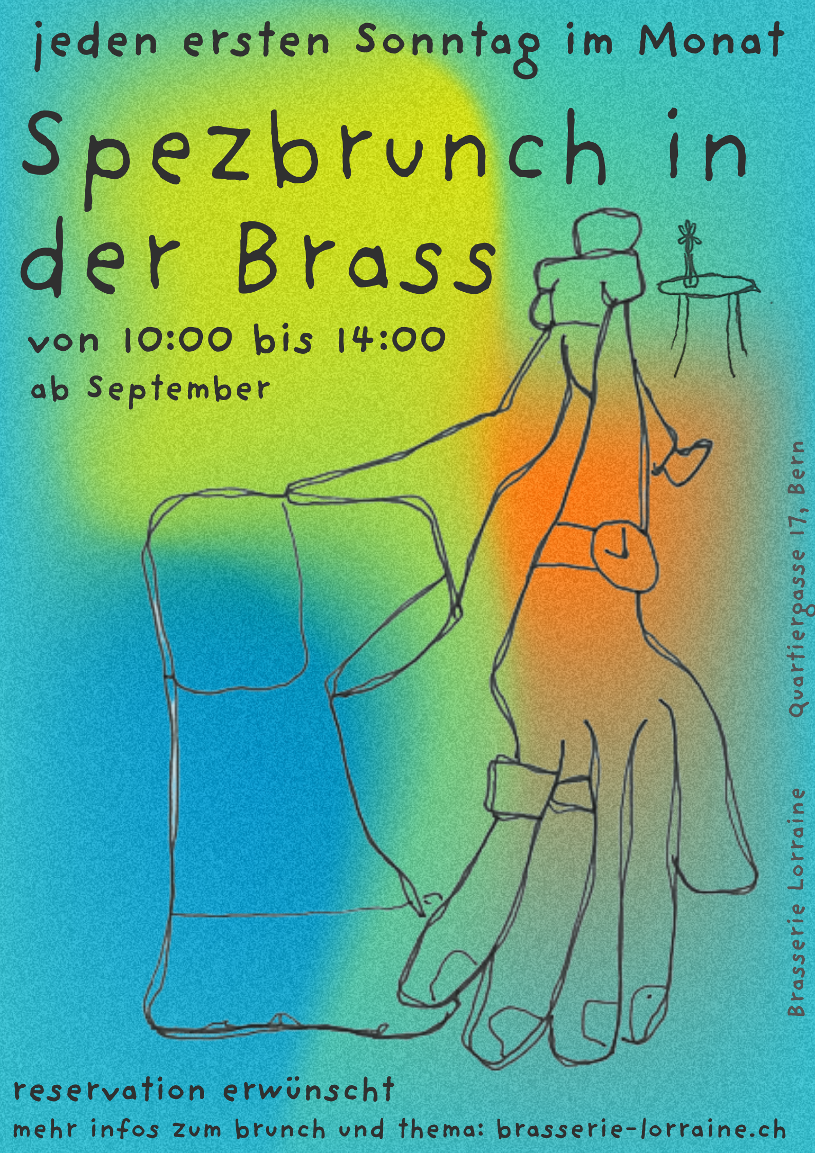 jeden ersten Sonntag im Monat: Spezbrunch in der Brass. von 10:00 bis 14:00 ab September. reservation Erwünscht. mehr infos zum Brunch und Thema: www.brasserie-lorraine.ch Brasserie Lorraine, Quartiergasse 17, 3013 Bern