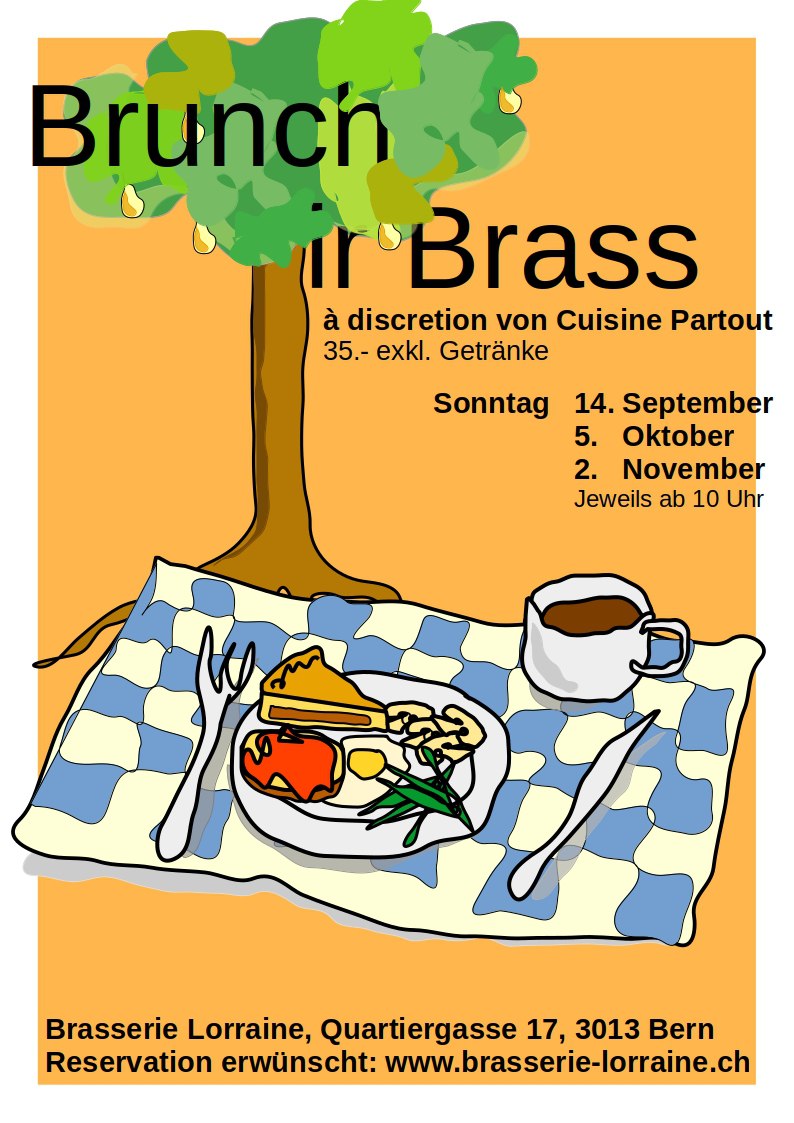 Brunch ir Brass à Discretion von Cuisine Partout. - excl. Getränke. Sonntag 14. September, 5. Oktober, 2. November, jeweils ab 10:00 Uhr. Brasserie Lorraine, Quartiergasse 17, 3013 Bern. Bitte über Link in Beschreibug anmelden.